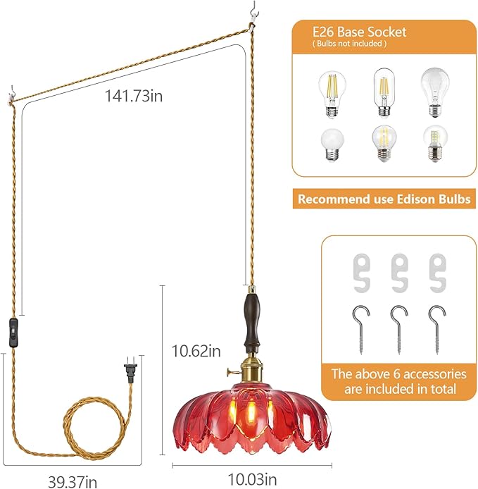 Modern Red Plug in Glass Pendant Light Retro Flower Glass Hanging Lamp Gold Brass Decorative Adjustable Ceiling Hanging Light Suitable for Kitchen Island Bedroom Dining Room Living Room