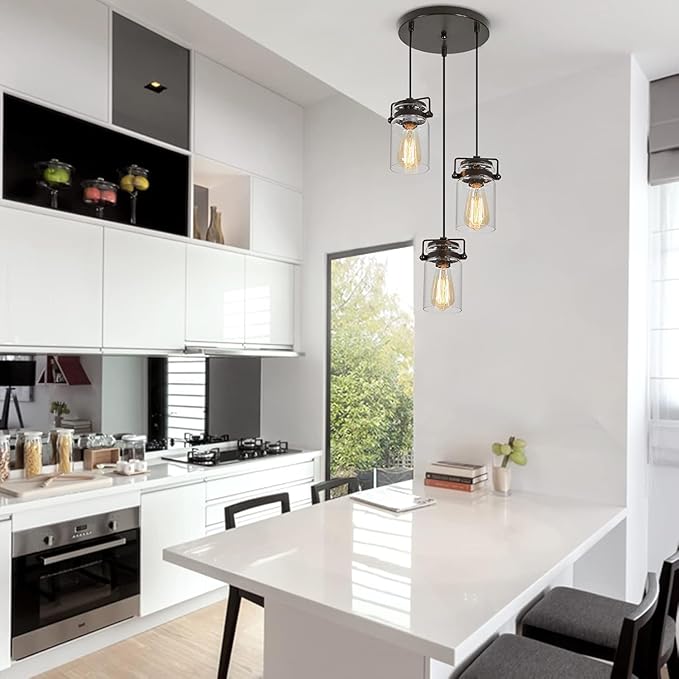 Kitchen Pendant Lighting Over Island Pendant Lights Black, Pendant Lighting Adjustable Farmhouse Ceiling 3 Light for Kitchen Island Dining Room Bedroom Living Room