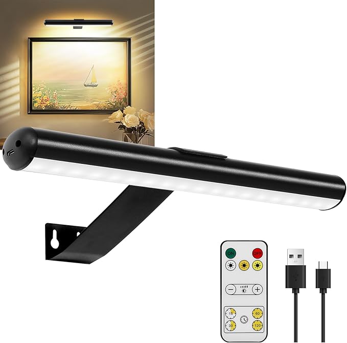 TINTINDOC Picture Light Battery,Brightness Dimmable Timer Setting,Rechargeable Painting Light for Pictures Display Art on Wall with 3 Colors Lighting Remote,Used for Frames Dartboard Portrait