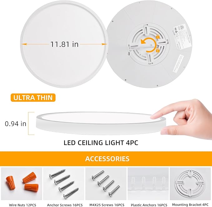 Hlite 4pack 12 inch Flush Mount LED Ceiling Light Fixture,24W 2400LM Super Slim Light Fixtures Ceiling Mount 3000K/4000K/5000K 3CCT Selectable,Light Fixtures for Kitchen,Bedroom(White)