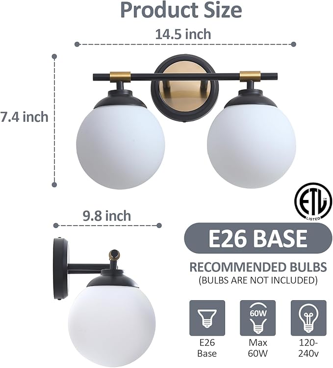 Rayogale Bathroom Light Fixtures, 2-Light Black & Gold Vanity Lights Over Mirror with White Glass Shade, 15 Inch Bathroom Wall Sconces for Bedroom Living Room (Bulbs Not Included)