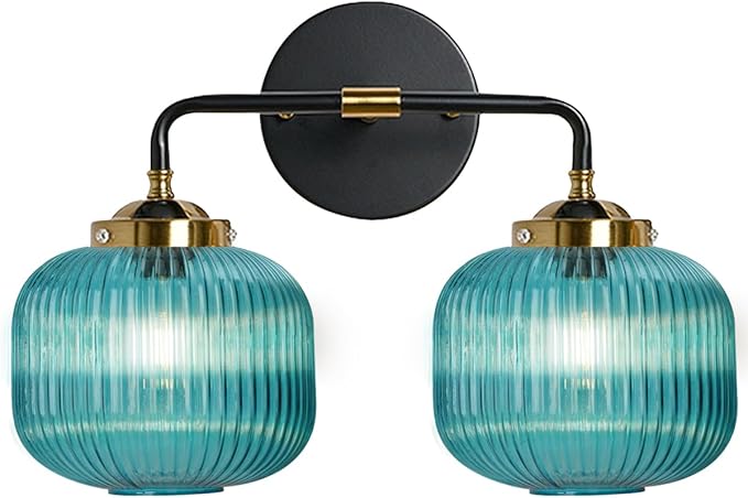 Bathroom Mirror Vanity Light Fixture 2 Lights Blue Globe Shade Vintage Glass Wall Light fixtures Black Gold Bathroom Lights Modern Retro Wall Sconce for Above Kitchen Sink Bedroom