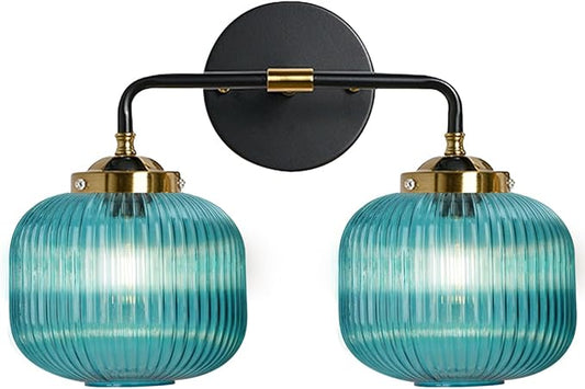Bathroom Mirror Vanity Light Fixture 2 Lights Blue Globe Shade Vintage Glass Wall Light fixtures Black Gold Bathroom Lights Modern Retro Wall Sconce for Above Kitchen Sink Bedroom