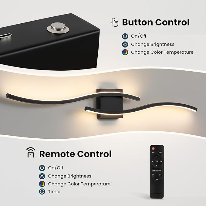 WOSHITU Black Battery Operated Wall Sconces: 39 Inch Rechargeable Sconce Wall Lighting Set of Two with Remote & 3CCT Dimmable, Modern Cordless Wall Light for Bedroom Living Room Hallway Bathroom