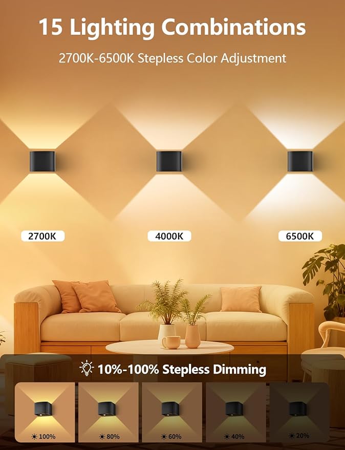 Rechargeable Motion Sensor Wall Light, Black 6000mAh Wireless LED Sconces with Remote Control, Dimmable 2700K-6500K, Adjustable Beam Angle, Battery Operated, 3 Modes for Living Room, 4-Pack