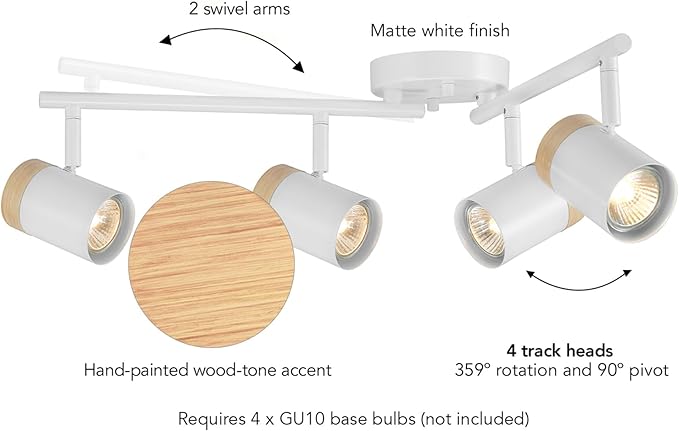 GLOBE Electric 64000165 28" 4-Light Foldable Track Lighting, Matte White, Hand Painted Wood-Tone Accent Detail, Pivoting Track Heads, Ceiling Light, Home Improvement