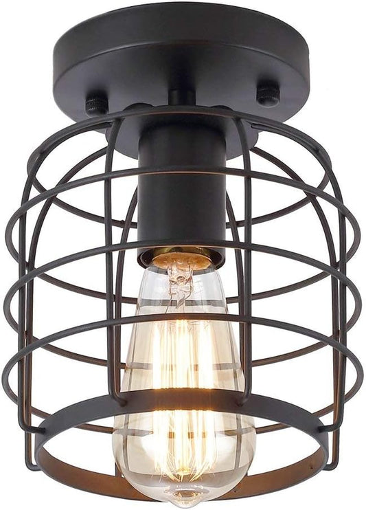 Create For Life® Industrial Vintage Flush Mount Ceiling Light,Rustic Metal Cage Pendant Lighting Lamp Fixture for Hallway Stairway Kitchen Garage, E26, Black Painting Finish