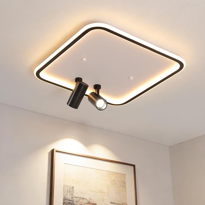 Modern Square LED Flush Mount Ceiling Light Fixture, 2 Adjustable Spotlights, Black Frame White Shade Minimalist Lighting for Living Room Bedroom Kitchen