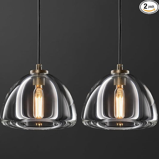 Crystal Pendant Light Kitchen Island: Set of 2 Vintage Brass Hanging Lights above Dining Table - 7" K9 Crystals Lighting over Kitchen Sink - Luxury Cylinder Pendants Light Fixtures Bulbs Included