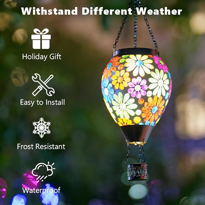 Starsoul Mosaic Flowers Hot Air Balloon Solar Lantern Glass Outdoor Hanging Hot Air Balloon Solar Flickering Flame Light Waterproof Garden Patio Yard Party Decorations Gifts for Women
