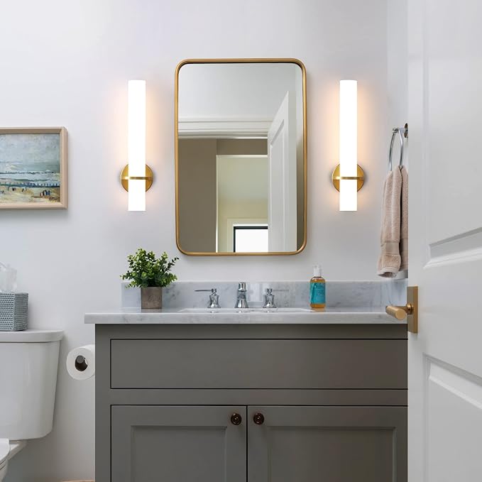 AIJIASI Gold Bathroom Wall Sconces Set of 2: 18 Inch Modern Sconces Wall Lighting 18W LED Dimmable Wall Light with Acrylic Lampshade, Brushed Gold Sconces for Bedroom Living Room Hallway (Hardwired)