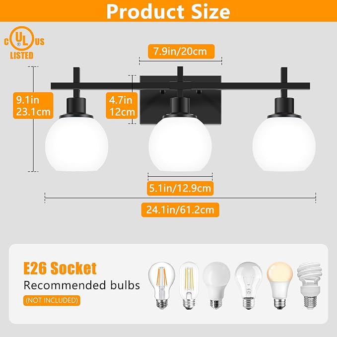 Dpyrrhic Modern Vanity Lighting Fixtures,3-Light Black Bathroom Lighting Fixtures Over Mirror，Bathroom Wall Mounted Vanity Light with Milky White Glass Lampshade for Living Room，Bedroom，Hallway