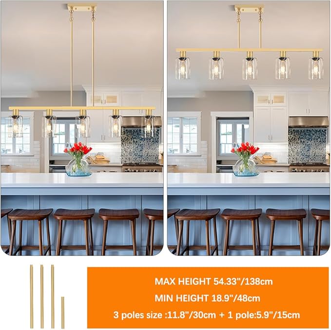 5-Light Kitchen Island Lighting Gold Adjustable Chandelier, Farmhouse Dining Room Light Fixtures Over Table, Height Adjustable Linear Pendant Light Fixture with Clear Glass Shade for Kitchen