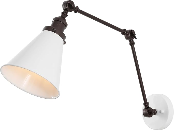 JONATHAN Y 7" White/Oil Rubbed Bronze Classic Industrial Metal Adjustable Arm LED Wall Sconce for Bedside Reading, Farmhouse Swing Arm Wall Lamp with Metal Shade, Hardwired (JYL7462C)