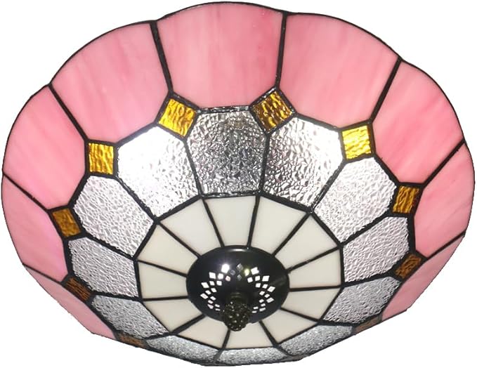 12 Inch Tiffany Style Vintage Stained Glass Ceiling Light Flush Mount Ceiling Light Pendent Chandelier Lighing Fixtures (12 Inch Pink)