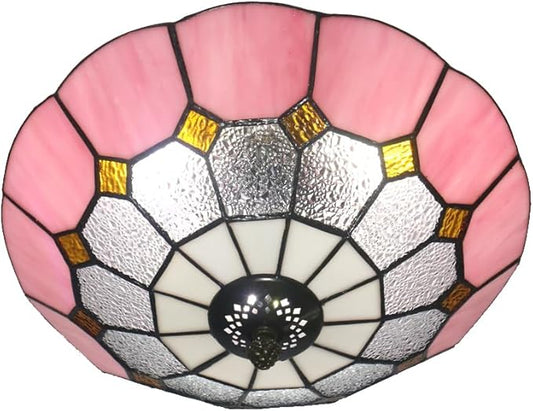 12 Inch Tiffany Style Vintage Stained Glass Ceiling Light Flush Mount Ceiling Light Pendent Chandelier Lighing Fixtures (12 Inch Pink)
