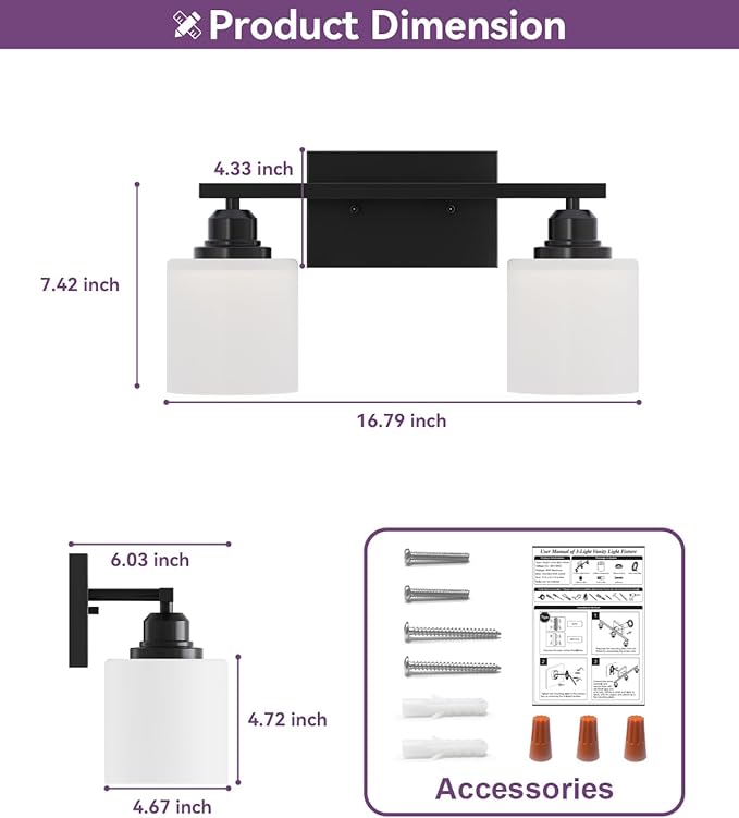 Sailstar Modern Bathroom Lights - 2-Light Vanity Fixtures with Milky White Glass Shades, Anti-Rust Matte Black Finish, E26 Base