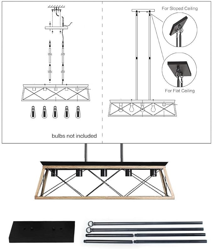 Farmhouse Chandeliers for Dining Room, Rustic Kitchen Island Light Fixture, 5-Light Linear Pendant Lighting Rectangular Chandelier, Metal Solid Ceiling Lights