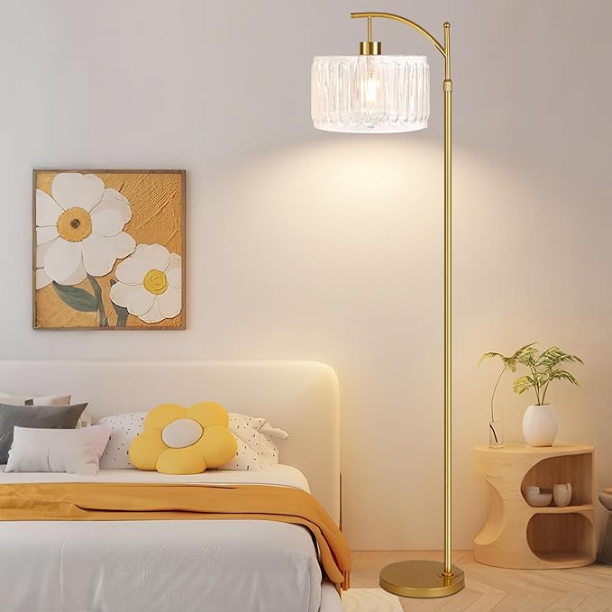 QIYIZM Glass Floor Lamp for Living Room,Bedroom,Gold Dimmable Standing Lamp with Remote,Brass White Tall Lamp Boho Mid Century Modern Floor Lamps Arc Floor Light Lamp Girls Kids Bohemian