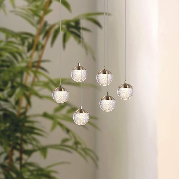 contec development Galaxy 6 Mini Pendant Crystall Ball Lighting Brass - LED Hanging Light Fixture: Kitchen Island, Bar, Foyer - Cluster Pendants - Dimmable, Adjustable Wire, Lamp Bulb Included