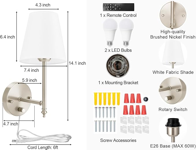 GOODATE Wall Sconces Set of Two with Remote Control, Dimmable, Adjustable Colors 2700-6500K, Plug in Wall Sconces with White Fabric Shades, Plug in Wall Light, Brushed Nickel