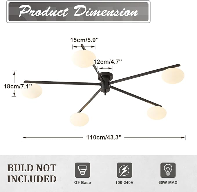 5 Lights Mid Century Modern Black Sputnik Semi Flush Mount Ceiling Light Vintage Glass Close to Ceiling Light Fixtures Industrial Metal Ceiling Chandelier Glass Globe Hall Light MCL05-BK