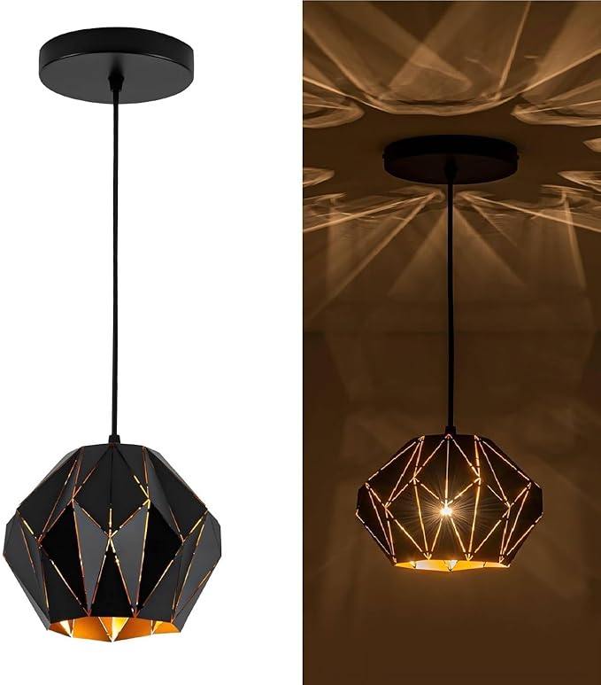 Industrial Pendant Lights Kitchen Island,Black Hanging Lighting Fixture with Metal Geometric Diamond Shade Vintage Ceiling Chandelier Pendant Lamp for Dining Living Room Bedroom 1 Light