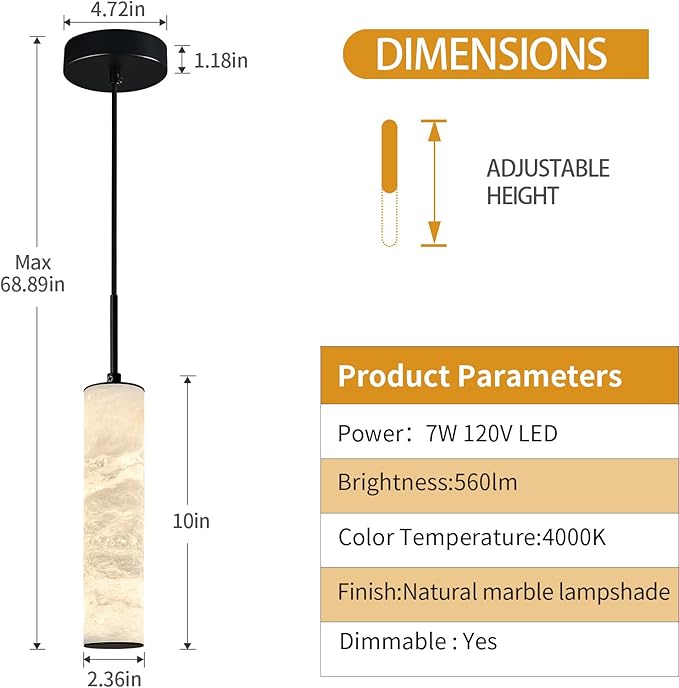 LMQNINE Natural Alabaster Pendant Lights for Kitchen Island White Marble Long Tube Chandelier 4000K Black Modern Ceiling Light Fixtures for Living Room Bedroom Dining Room Table Hallway(S-2Pack)