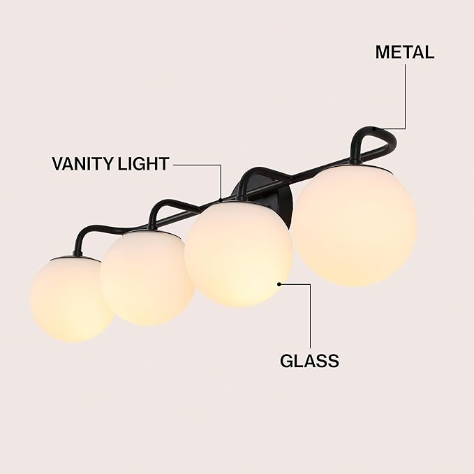 JONATHAN Y 31" Black Modern Globe Wall Sconce Vanity Light for Bathroom, White Frosted Glass Shade, Midcentury Parisian Bistro Wall Lamp, LED Bulb Included (JYL3558B)