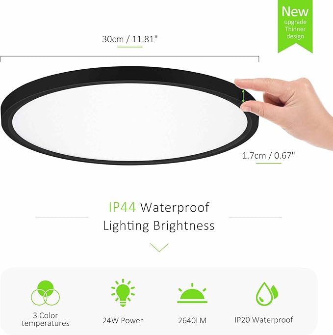 6 Pack LED Flush Mount Ceiling Light, 24W Ultra Thin Round White Lamp 3000K/4000K/6500K 3 Color Temperatures Adjusted 12 Inch Modern Ceiling Lights, Black