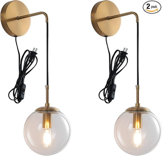 KUZZULL Wall Sconces Set of Two Plug in Wall Sconces Brushed Brass Gold Wall Lamp with Cord Wall Sconce Plug in with Globe Clear Glass Shade Sconces Set of 2 Wall Light Sconce