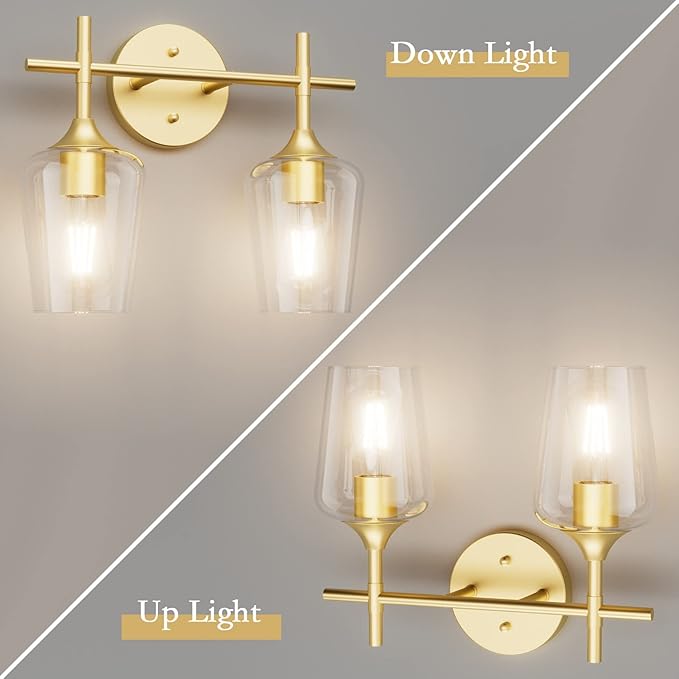 Ralbay Gold Bathroom Light Fixtures 2-Lights with Clear Glass Modern Wall Mount Lighting Industrial Farmhouse Gold Bathroom Vanity Lights Wall Sconce