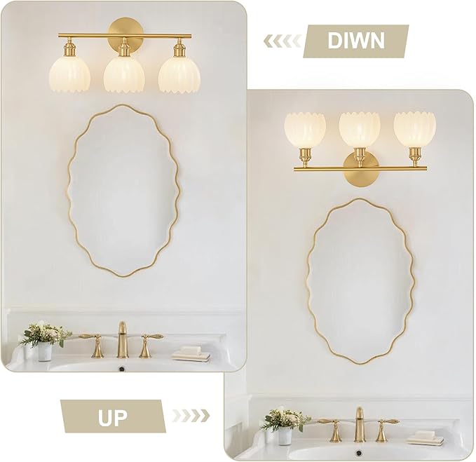 Gold Bathroom Light Fixtures Over Mirror, 3 Light Bathroom Vanity Light Fixture with Tulip Milk White Glass Lampshade, Vintage Vanity Lights for Bathroom, Bathroom Vanity Lights Over Mirror