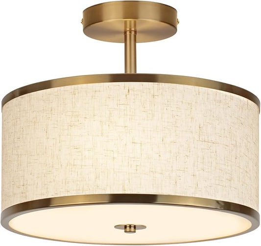 12.6 Inch Semi Flush Mount Ceiling Light, 3-Light Drum Lamp with Gold Brass Finish and Beige Shade, Ideal for Bedroom, Kitchen, Dining Room, Hallway, Entryway, and Foyer,