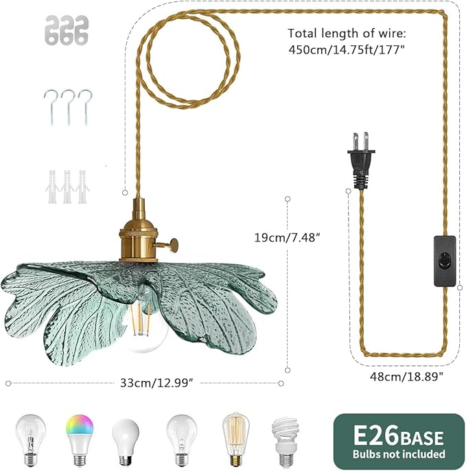 Plug in Hanging light 2 Pack , Modern Pendant Light Dark green Glass Shade 14.75ft Hanging Light with Plug in Cord Large glass pendant light Plug in Pendant Lighting for Kitchen Living Dining Room