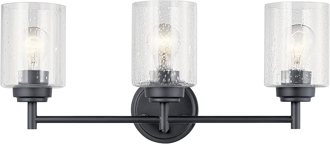 Kichler Winslow 21.5" 3-Light Bathroom Vanity Light Fixture with Clear Seeded Glass in Black, Modern Wall Mount Lighting for Mirror over Vanity in Bathroom, 45886BK