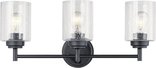 Kichler Winslow 21.5" 3-Light Bathroom Vanity Light Fixture with Clear Seeded Glass in Black, Modern Wall Mount Lighting for Mirror over Vanity in Bathroom, 45886BK