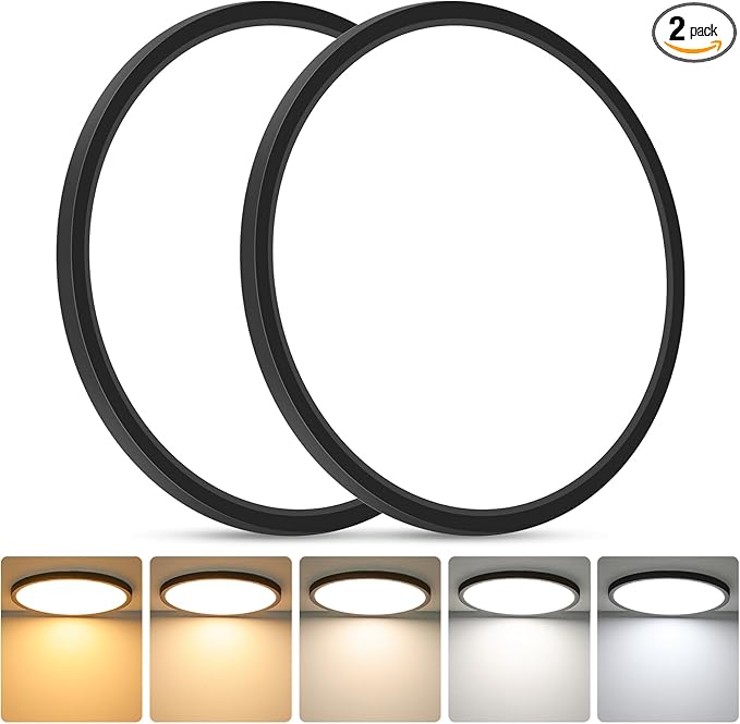 Brightever Black LED Flush Mount Ceiling Light, 24W 3200LM 5CCT Dimmable LED Ceiling Light Fixture, 2700K/3000K/4000K/5000K/6500K, 12 Inch Ultra Thin Ceiling Lamp for Bedroom, Dining Room, 2 Packs