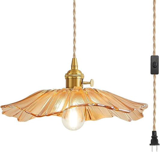 Plug in Glass Pendant Lights Kitchen Island Brass Glod Vintage Hanging Light Fixture Flower Light for Bedroom Kitchen Hallway Corded On/Off Switch Bathroom Amber Sunflower