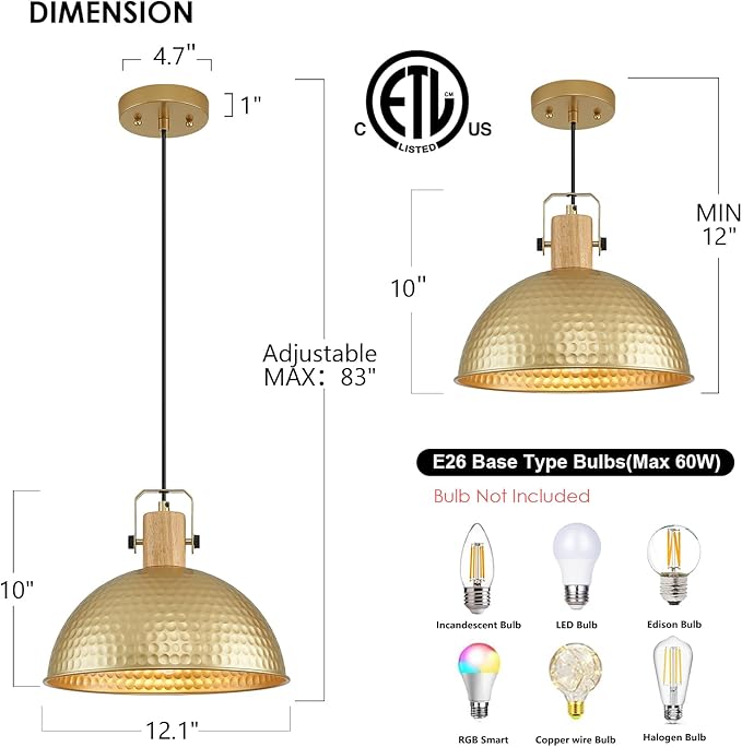 12 Inch Gold Pendant Lights Hammered Matte Pendant Lights for Kitchen Island Industrial Farmhouse Adjustable Height Dome Hanging Light Fixtures for Barn, Dining Room 2 Packs