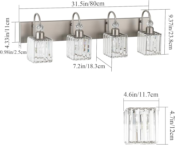 Ralbay Crystal Brushed Nickel Vanity Light for Bathroom 4-Light Modern Bathroom Light Fixtures