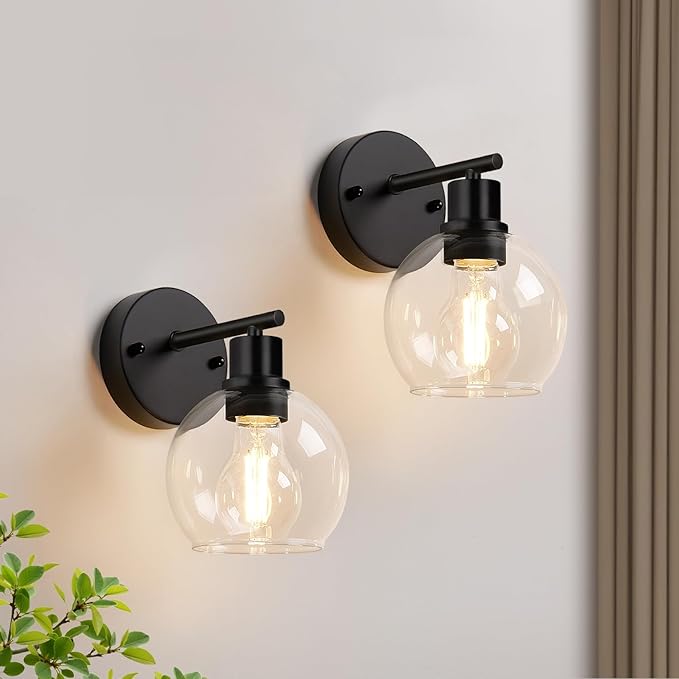 Indoi Matte Black Wall Sconces Set of 2, Clear Glass Vanity Light Fixtures with E26 Base, Reversible Up or Down Wall Lights for Living Room, Bathroom, Bedroom, Hallway, Kitchen