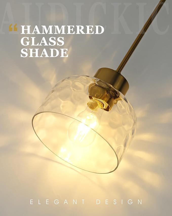 Gold Pendant Lights Kitchen Island, 8" Hanging Light Fixtures with Hand-Blown Hammered Clear Glass, Modern Brass Kitchen Pendant Lighting Over Island for Dining Room, AD-24024-1PL-GD-H
