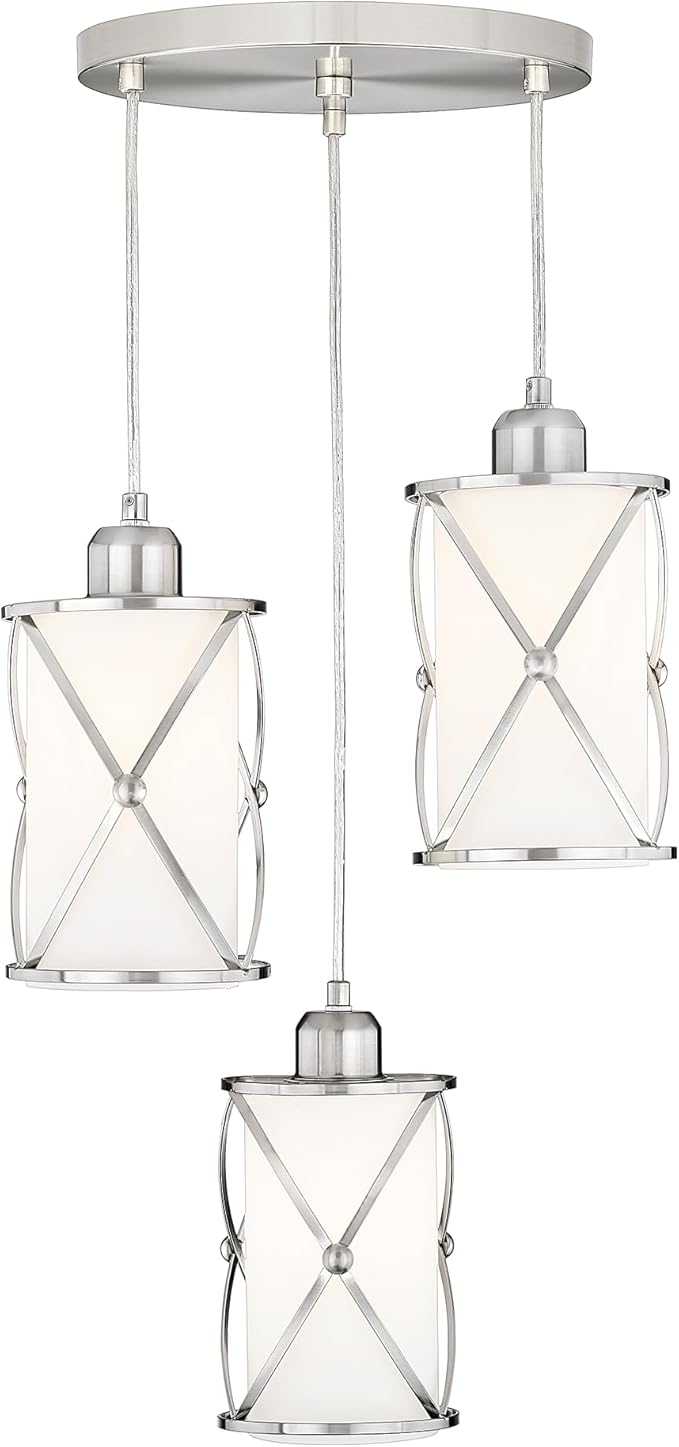 Brushed Nickel Dining Room Chandelier Light Fixture, 3-Light Pendant Lighting with Frosted Glass, Modern Kitchen Island Cluster Hanging Pendant Lights for Sink, CH9176BNW3