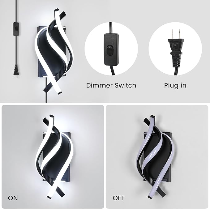 DELIPOP Modern Wall Sconces, 6500K Plug in Spiral LED Wall Sconce, 21W LED Wall Light with 5FT Plug Cord for Bedroom Bathroom Living Room Hallway Balcony