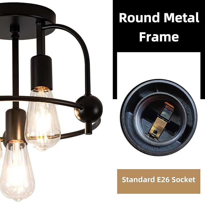 3 Light Industrial Ceiling Light Black Semi Flush Mount Lights Close to Ceiling Light Fixtures,cage Design Farmhouse Ceiling Lighting for Kitchen Bedroom Bathroom Foyer Hallway (E26, 2Pack)