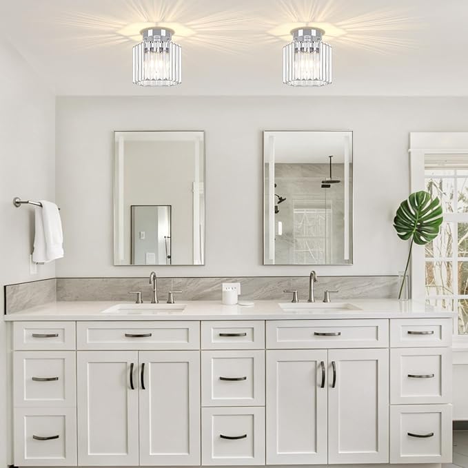 TOULMJ 2 Pack Chrome Semi Flush Mount Ceiling Light, Modern Crystal Hallway Light Fixtures Kitchen Lighting Close to Ceiling Lights for Bathroom Entryway Bedroom Foyer Laundry Room