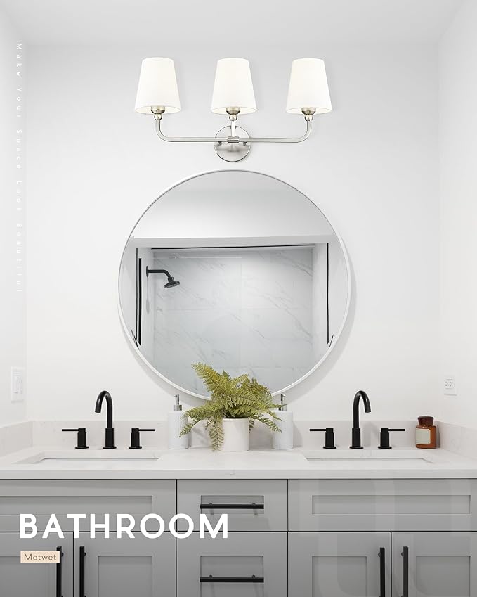 Bathroom Light Fixtures, Brushed Nickel Vanity Lights with Flared White Fabric Shade, 3 Light Wall Sconce, Modern Sconces Wall Lighting for Hallway Bedroom, VL837-BN-3