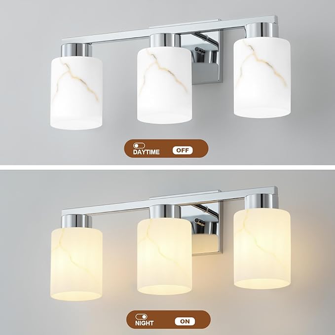 3-Light Bathroom Light Fixtures, Modern Vanity Lights, Chrome Metal Wall Lamp with White Marble Glass for Bathroom, Mirror, Living Room, Bedroom, Cabinet, Porch, Hallway, E26 Base