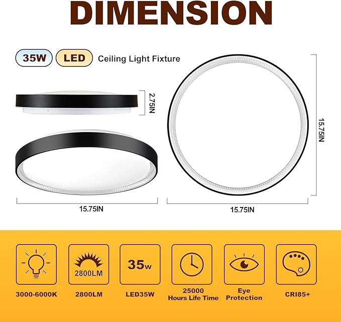 DLLT Flush Mount Ceiling Light: Close to Ceiling Light Fixtures 16 Inch 35W - Dimmable Ceiling Lamp 3000-6000K 5 Color Selectable Ceiling Mount Light for Bedroom Kitchen (Black)